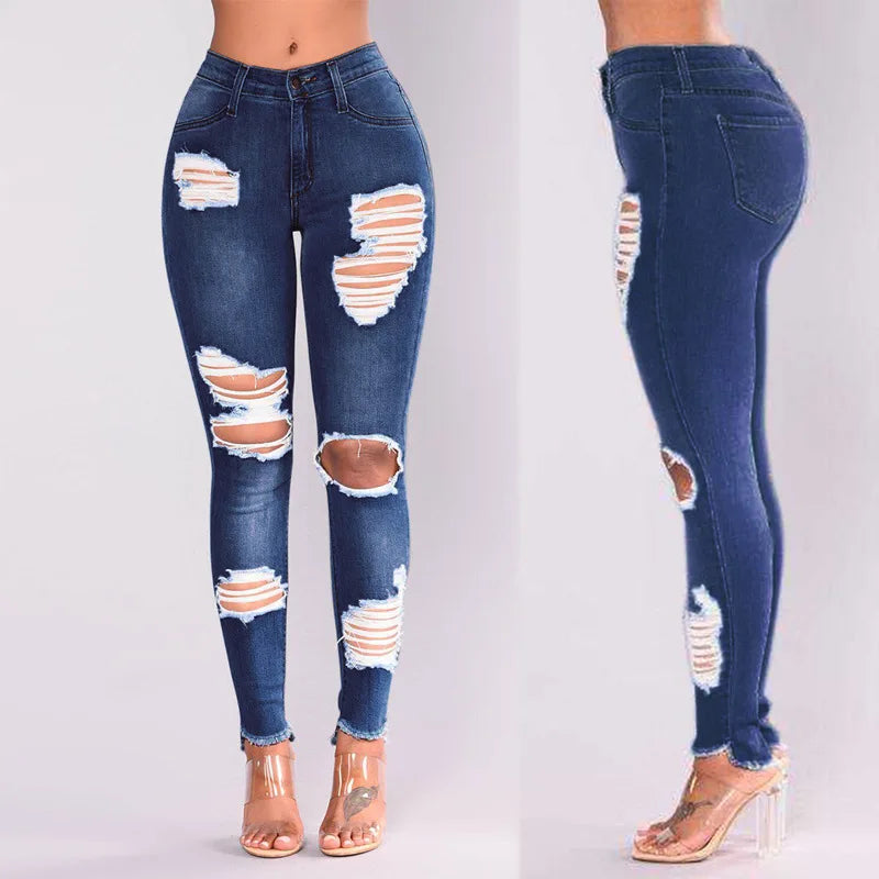 Elastic Ripped Pencil Jeans