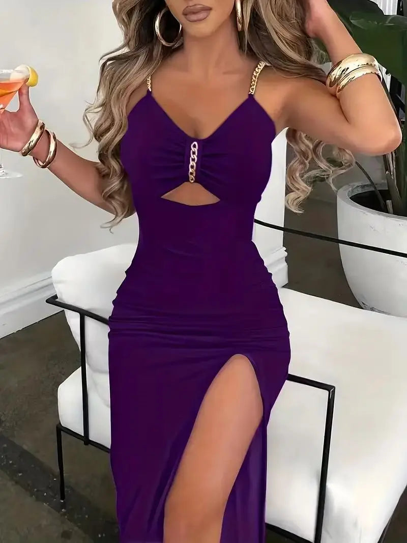 Slip Dress Women Sexy Sundress Split Chain Hollow Out