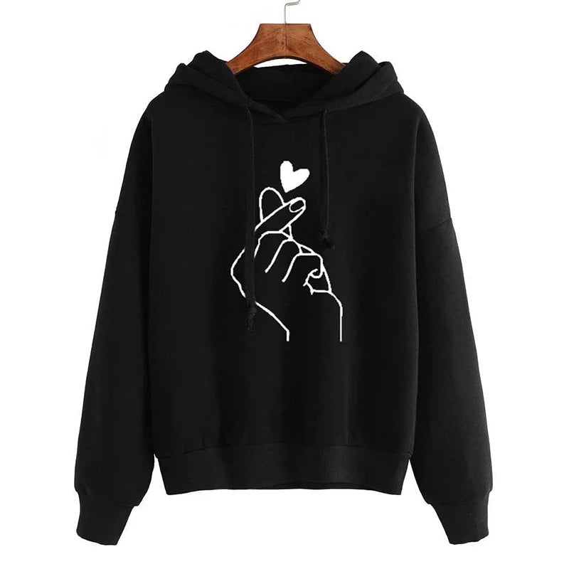 Fleece Hoodie Solid Color Finger Heart Hooded