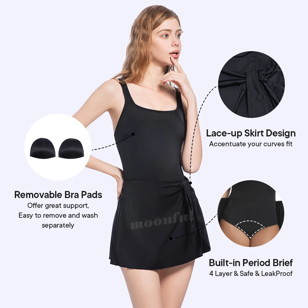 Menstrual Swimsuit Dress for Pool Girl Solid Strapped Period