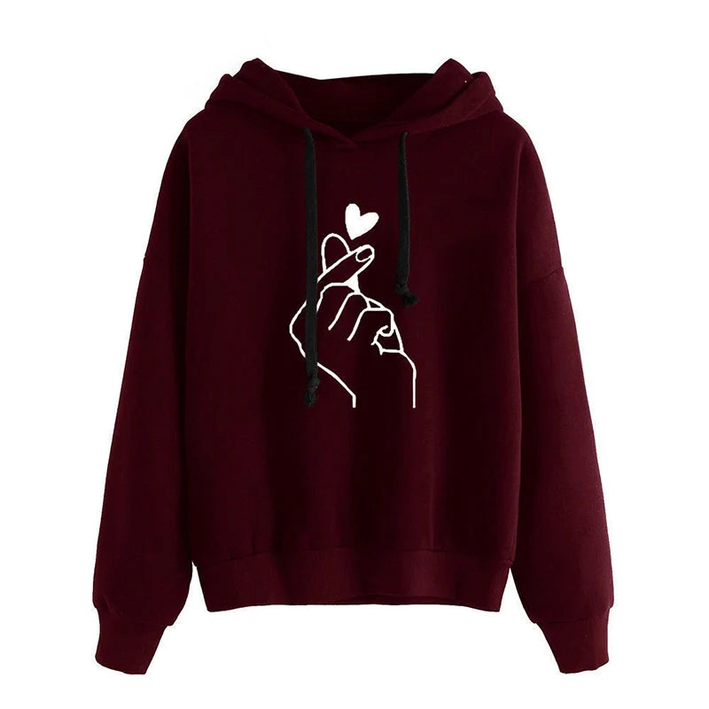 Fleece Hoodie Solid Color Finger Heart Hooded