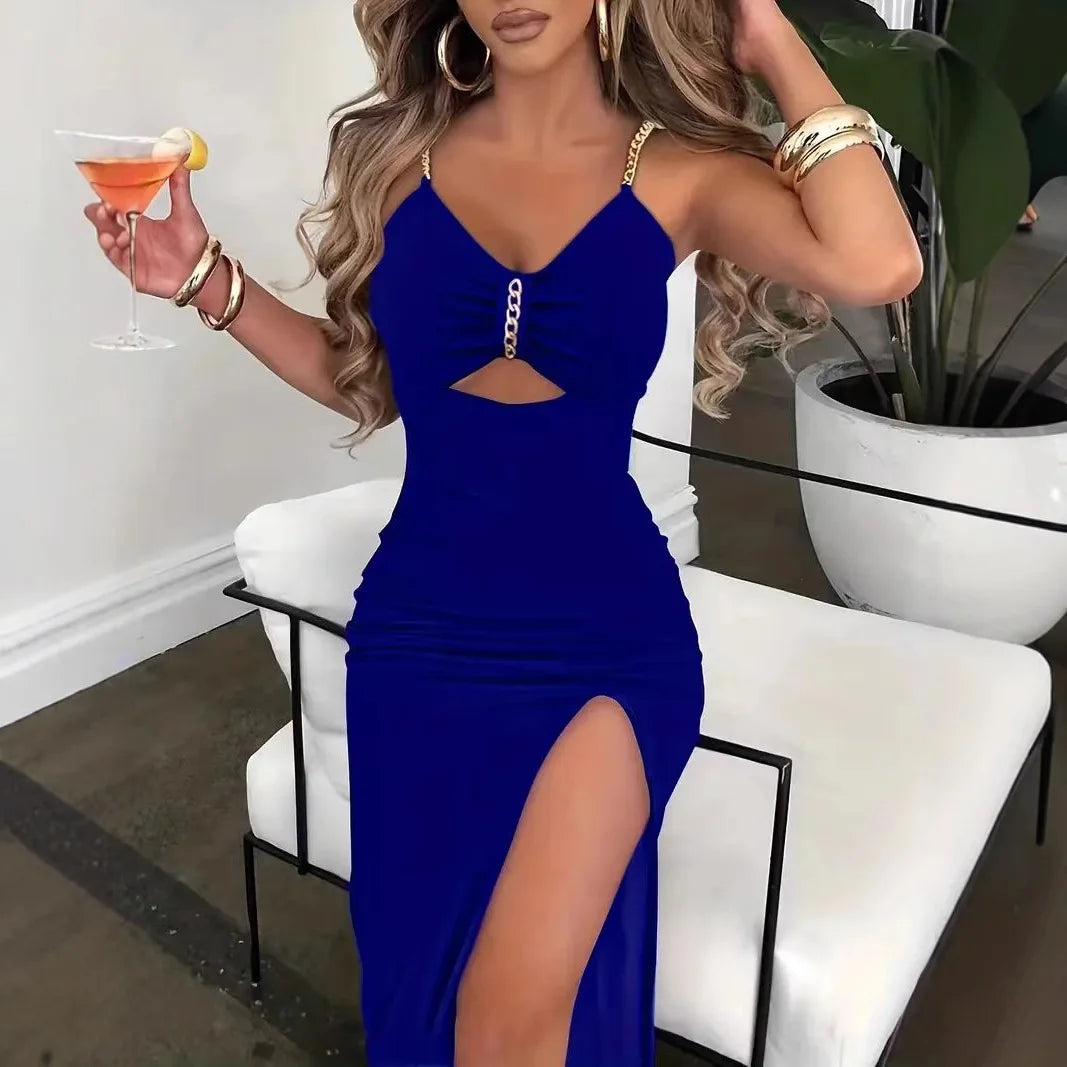 Slip Dress Women Sexy Sundress Split Chain Hollow Out