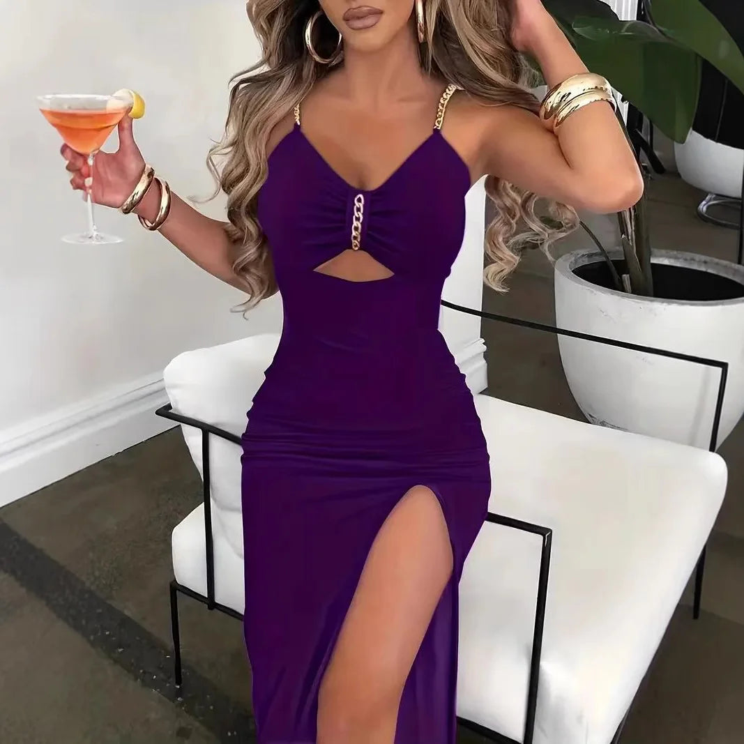 Slip Dress Women Sexy Sundress Split Chain Hollow Out