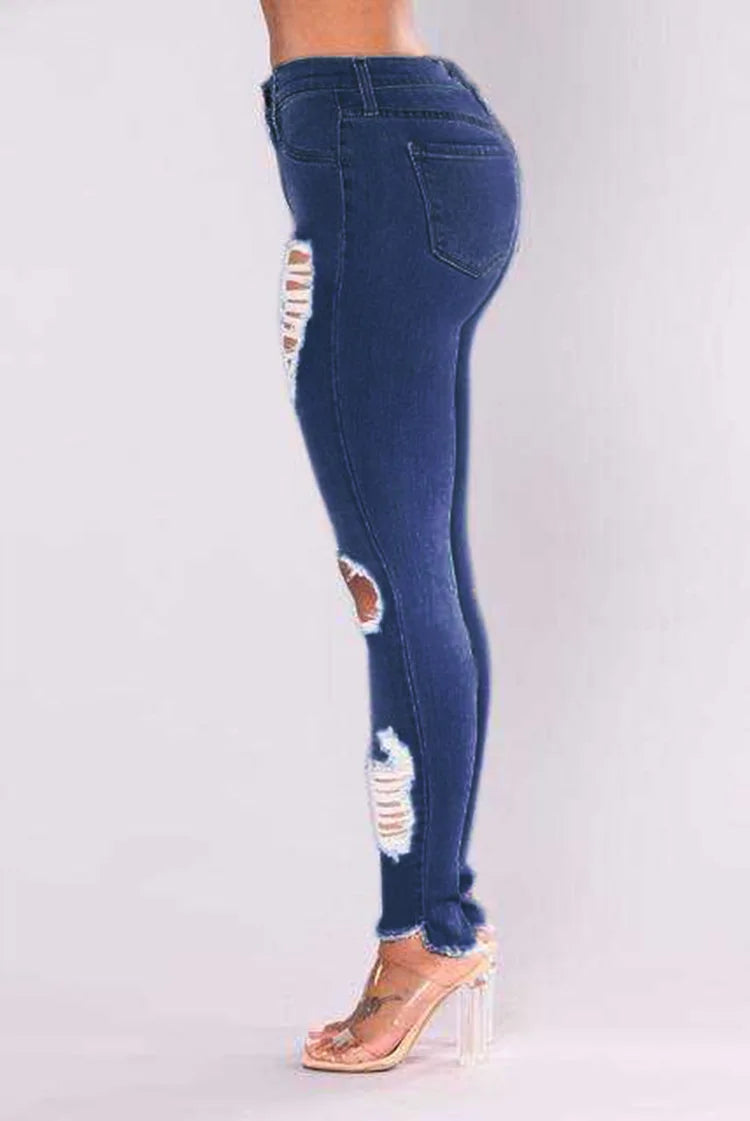 Elastic Ripped Pencil Jeans