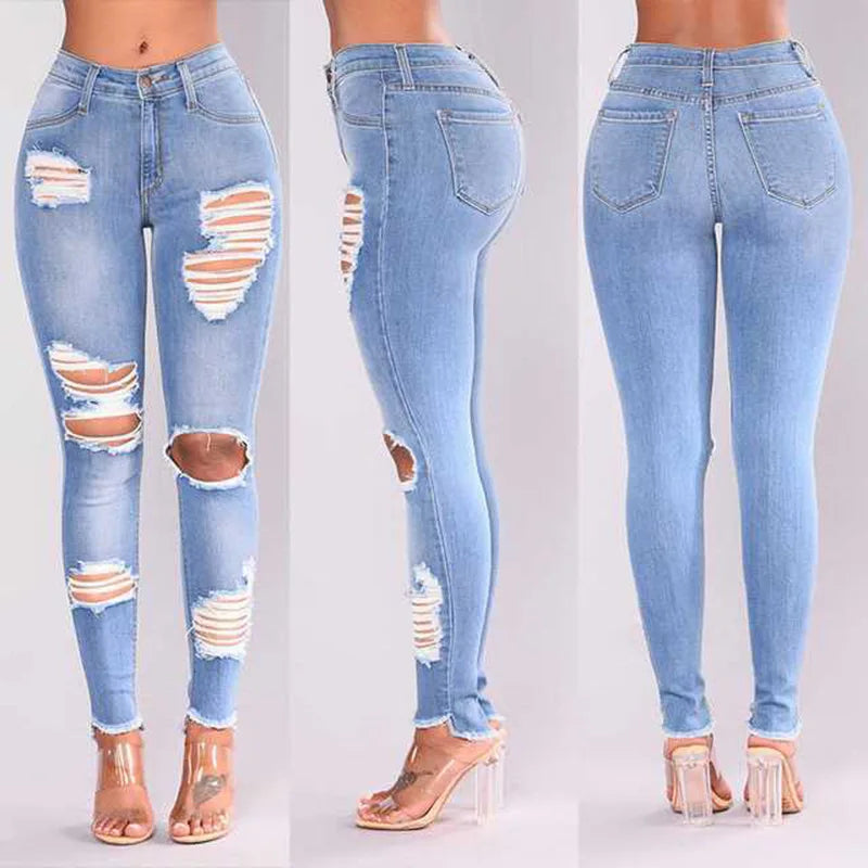 Elastic Ripped Pencil Jeans