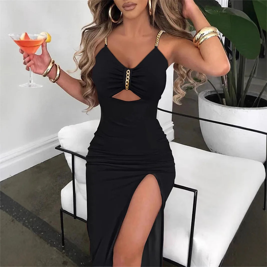 Slip Dress Women Sexy Sundress Split Chain Hollow Out