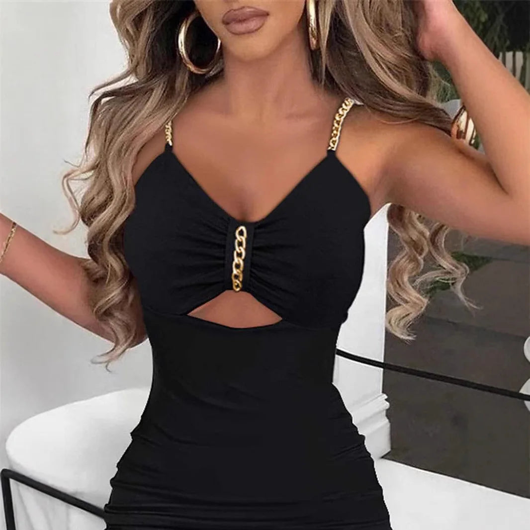 Slip Dress Women Sexy Sundress Split Chain Hollow Out