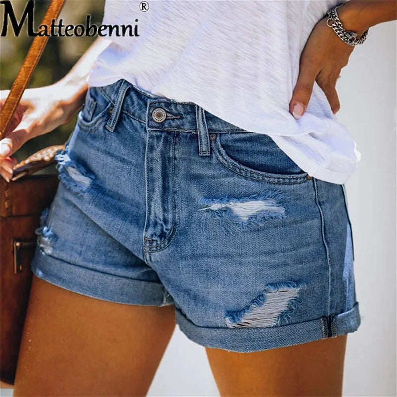 Ripped High Waisted Rolled Denim Shorts