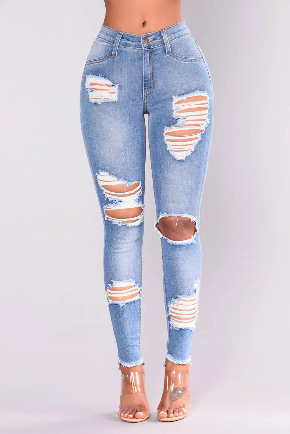 Elastic Ripped Pencil Jeans